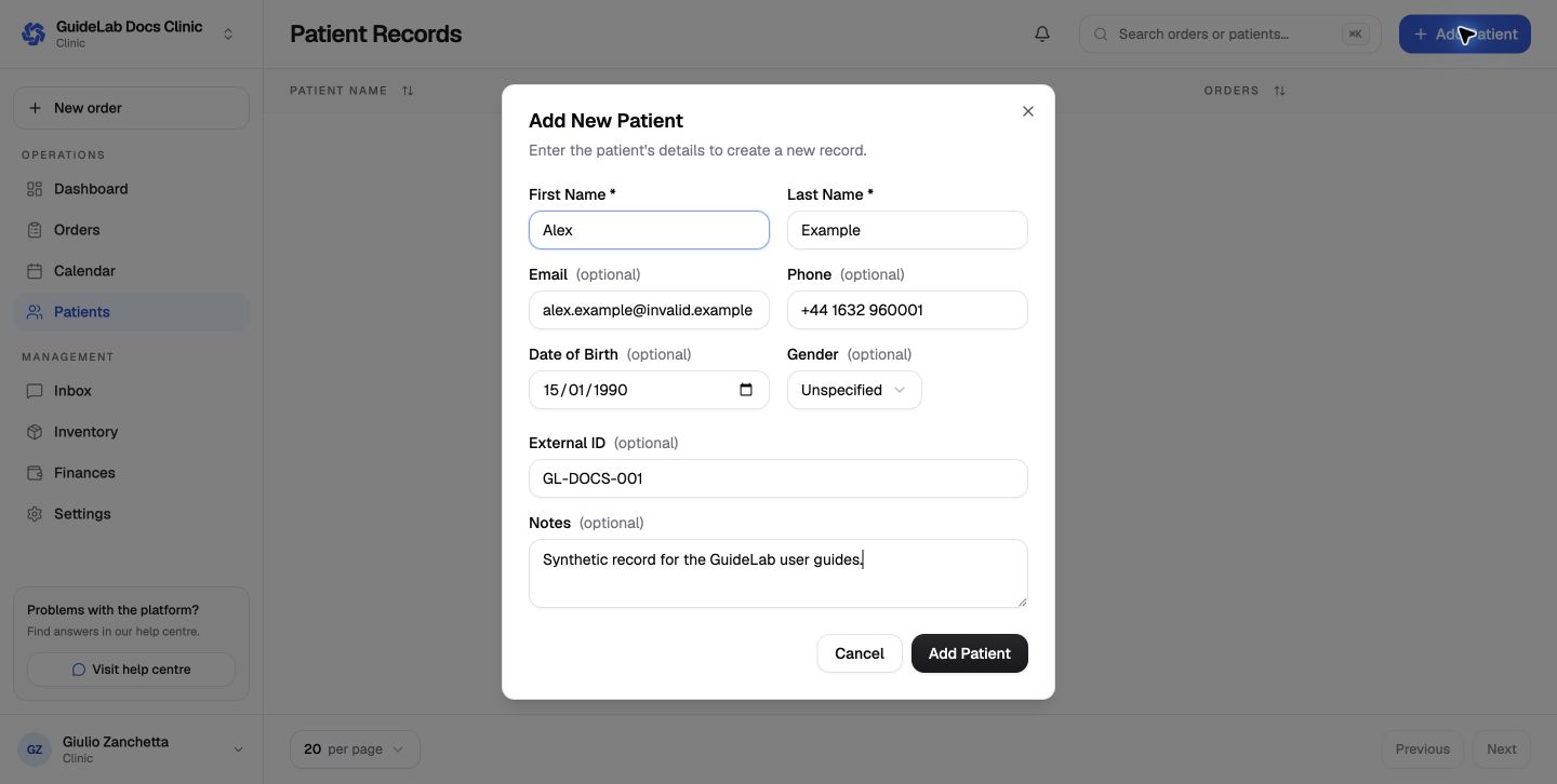 The add patient form