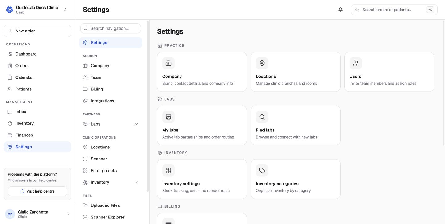 The clinic settings page