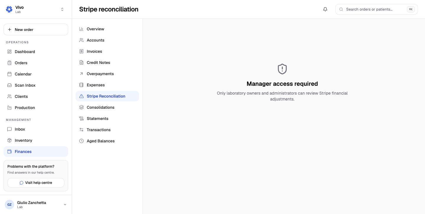 Manager-gated Stripe reconciliation