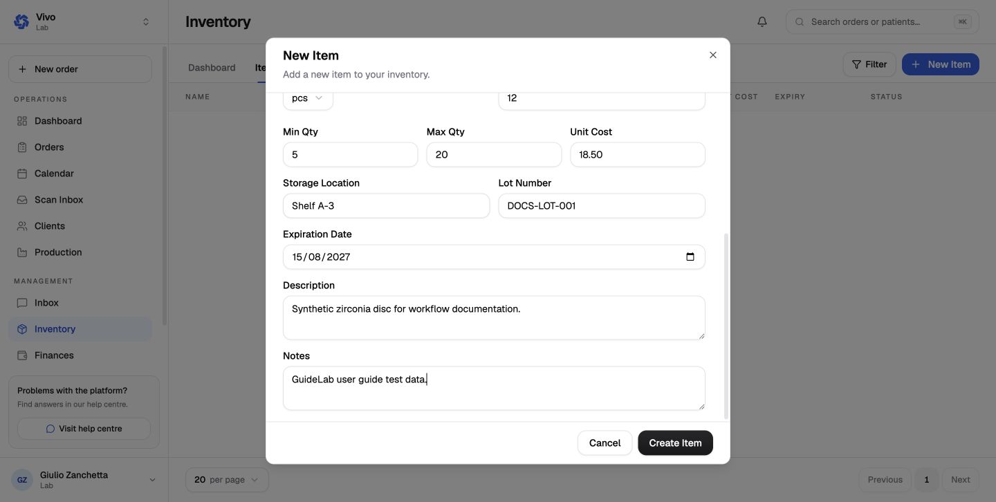The add inventory item form