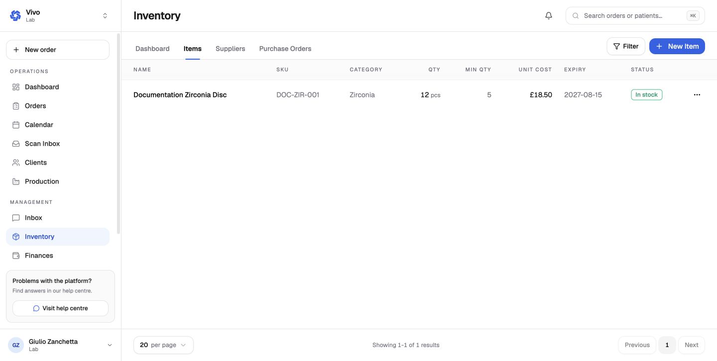 The inventory item list
