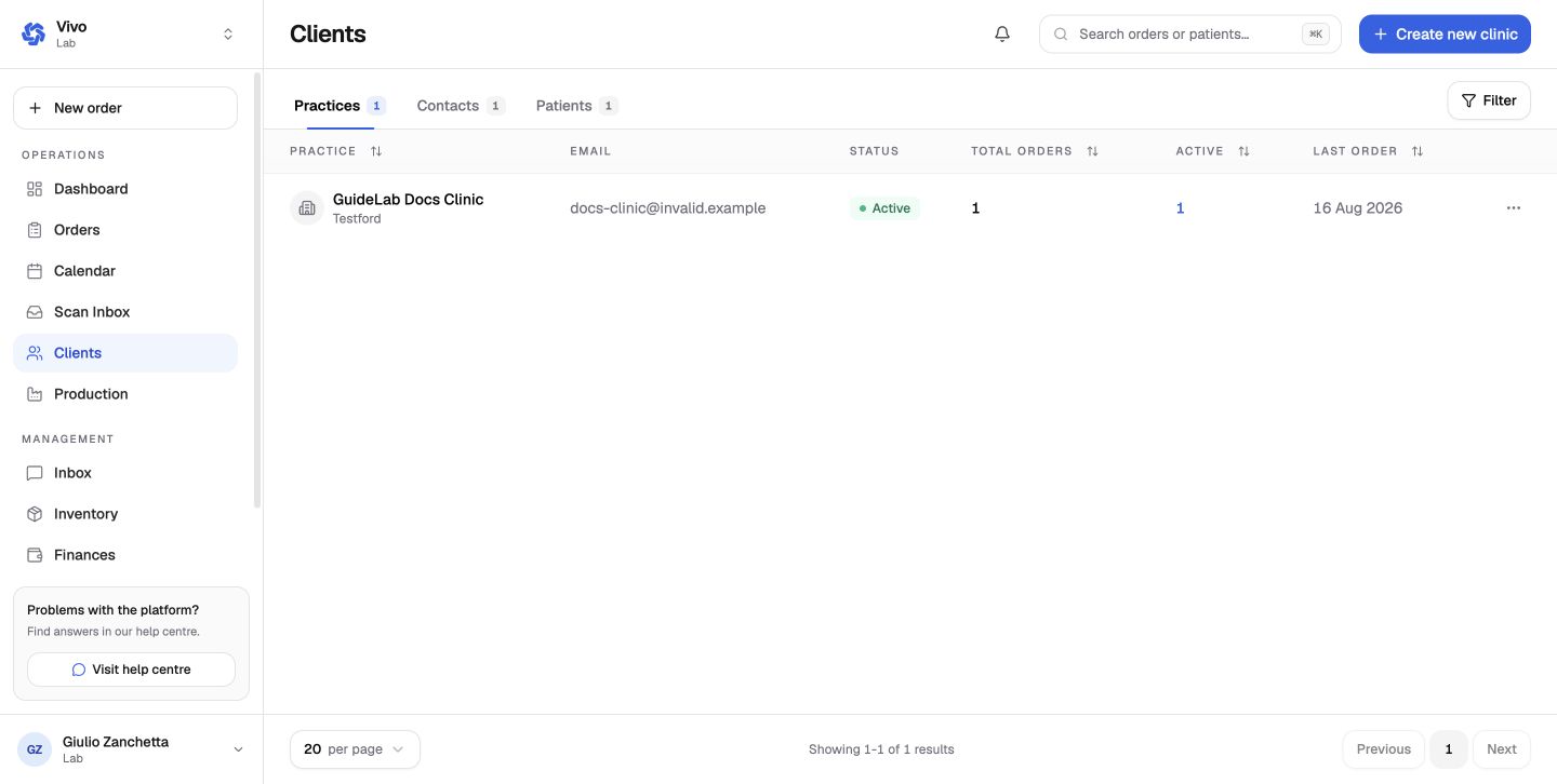 The laboratory client list with an active clinic