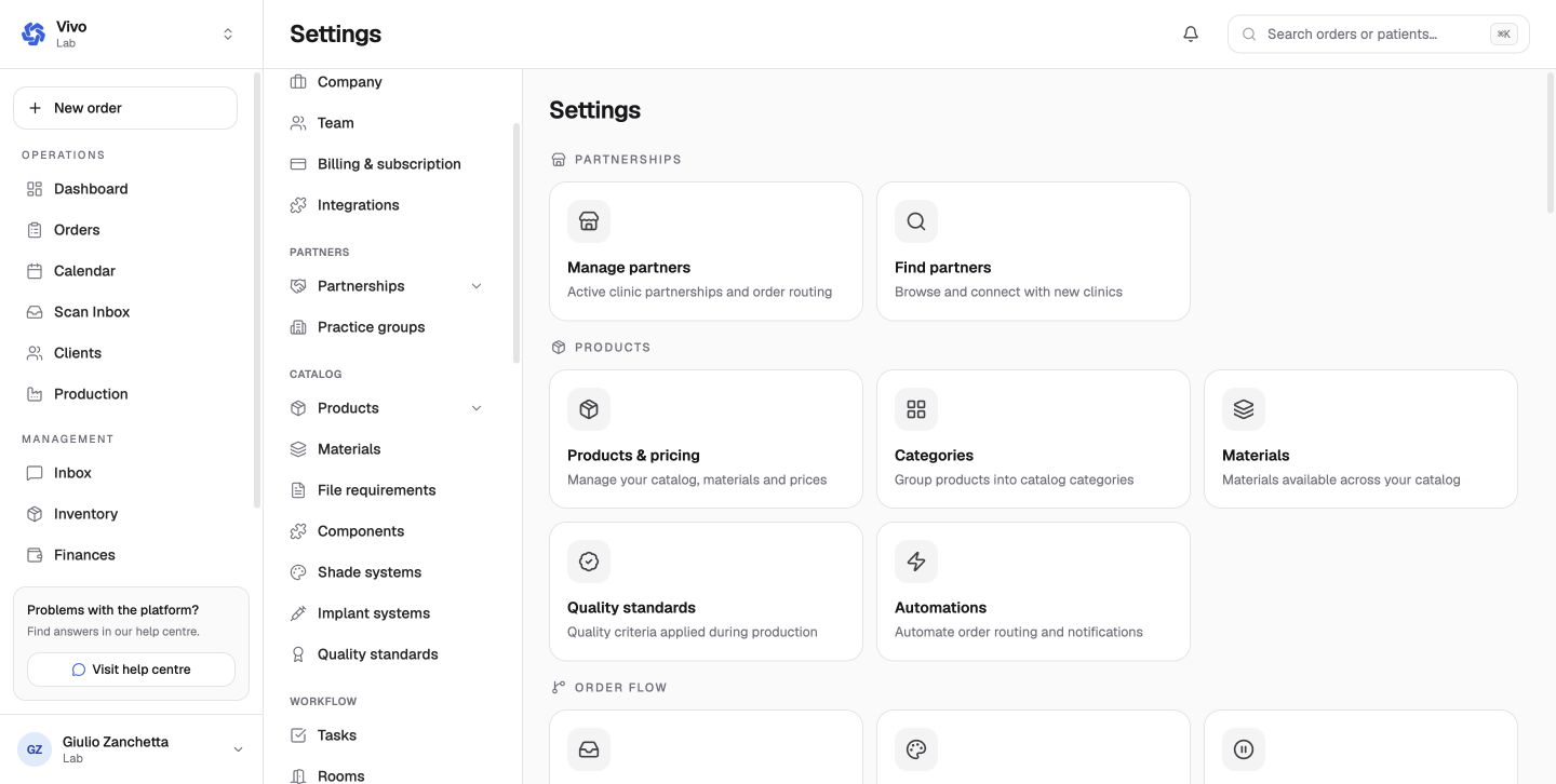 The full laboratory settings navigation
