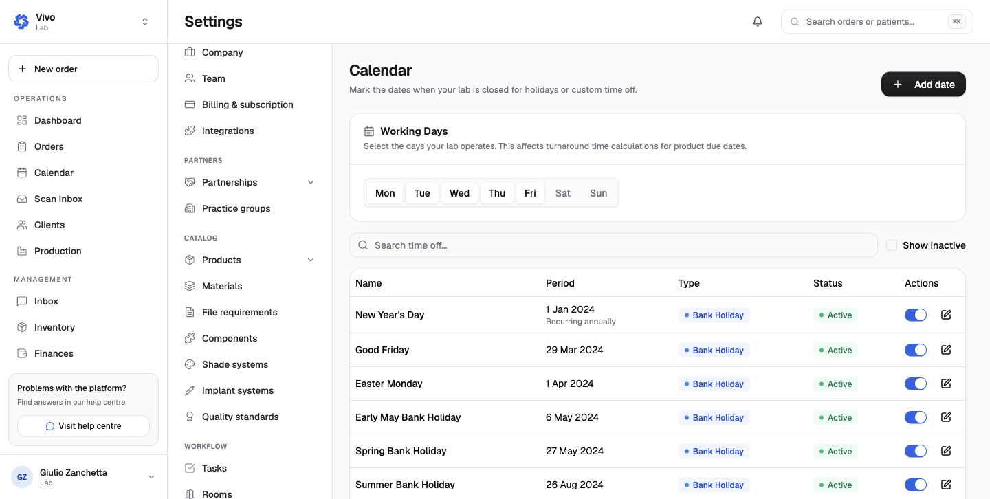 Laboratory working calendar