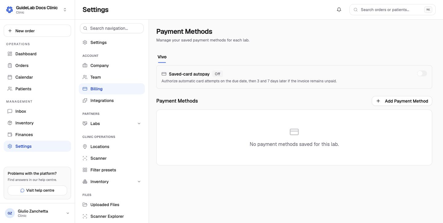 Clinic payment methods for a connected lab