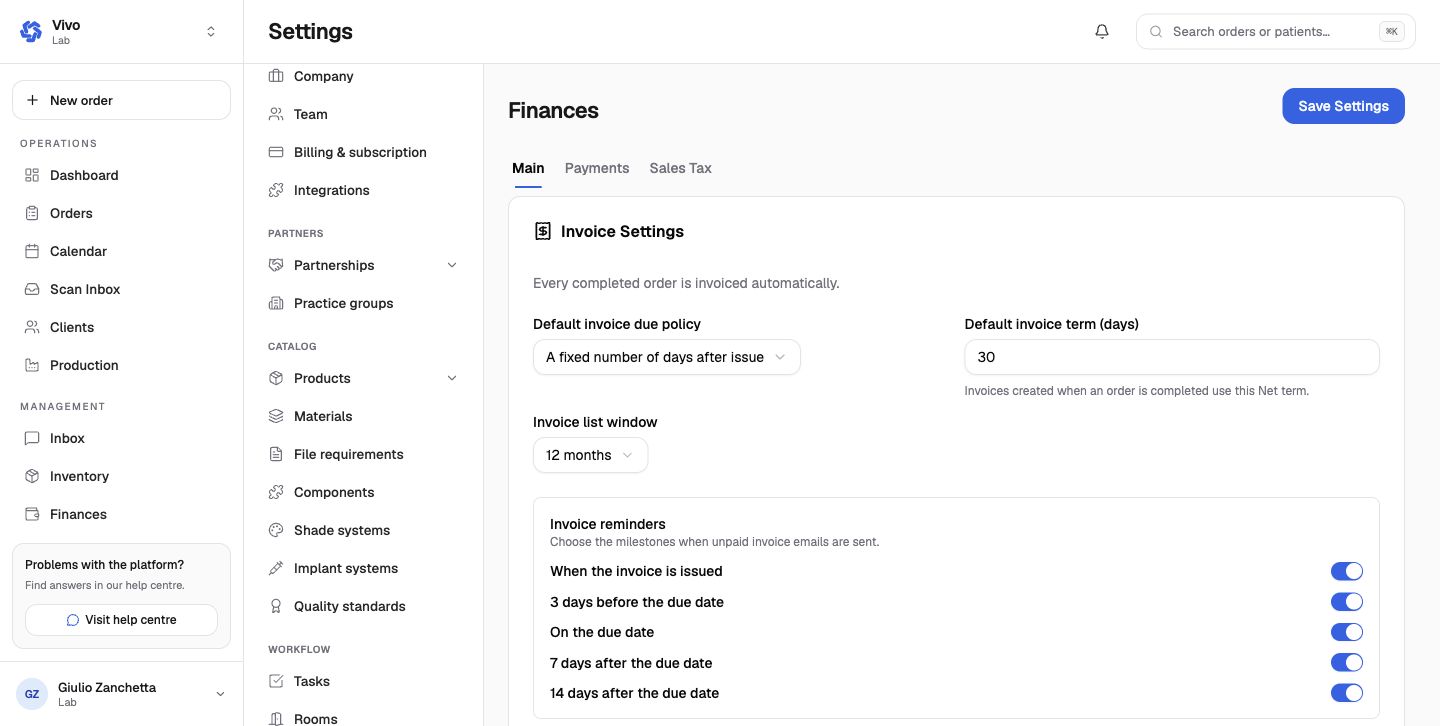 Laboratory finance settings