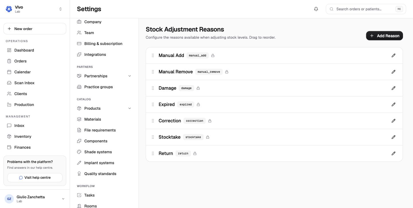 Stock adjustment reasons