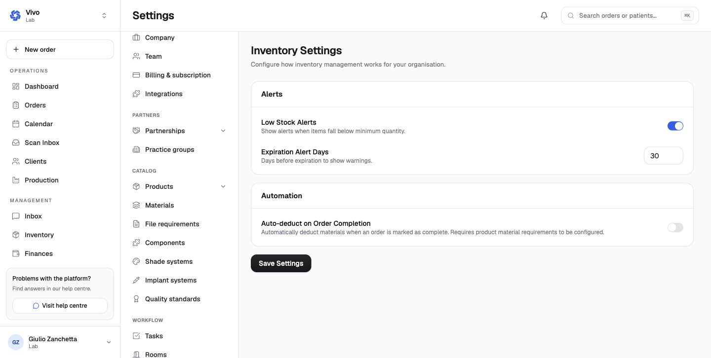 Inventory alert and automation settings