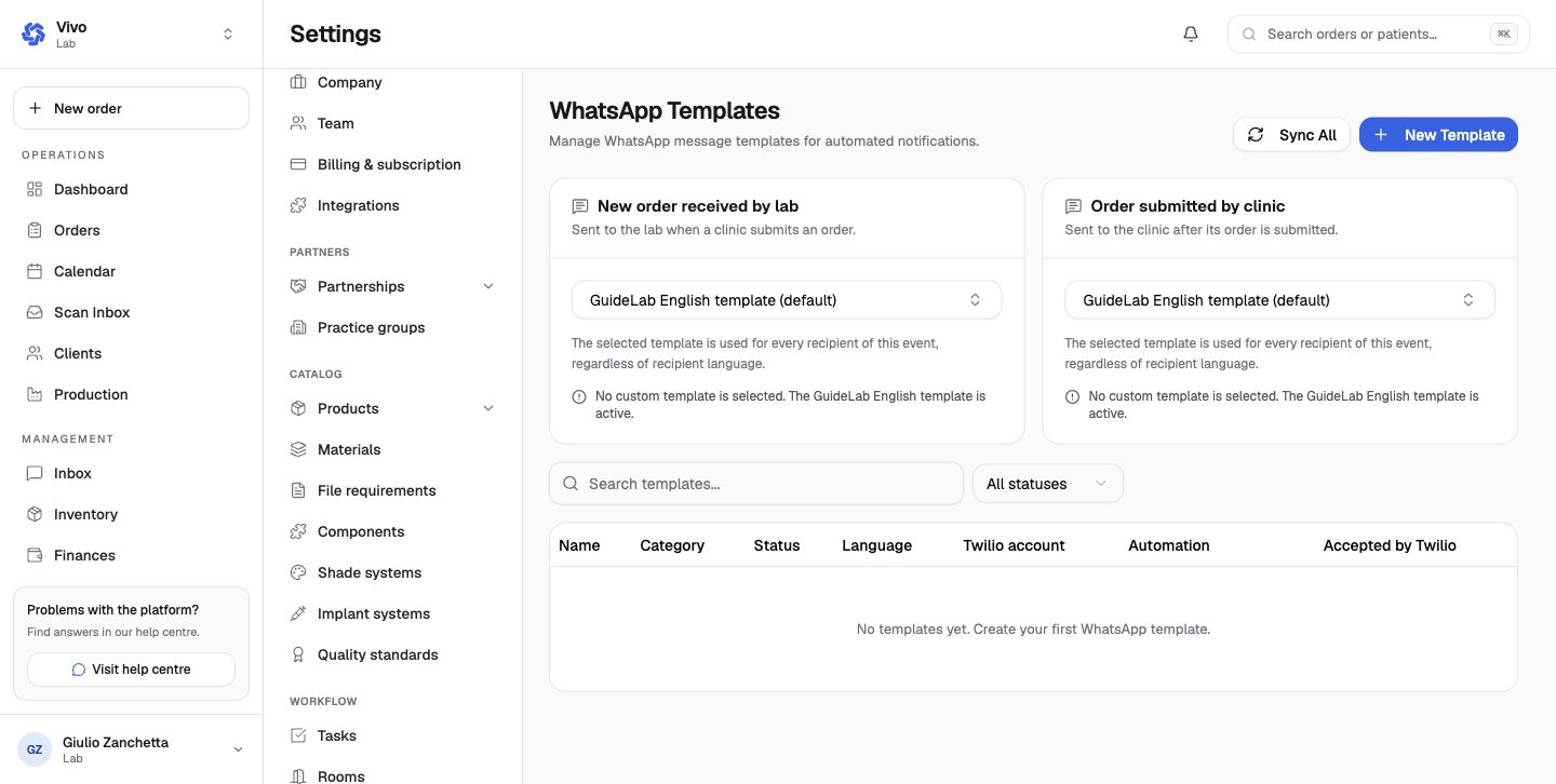 WhatsApp event and template settings